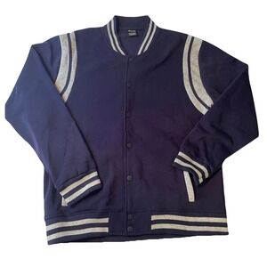 Ring of Fire Varsity Bomber Jacket Men's XL Navy Gray Striped Snap Front NWT